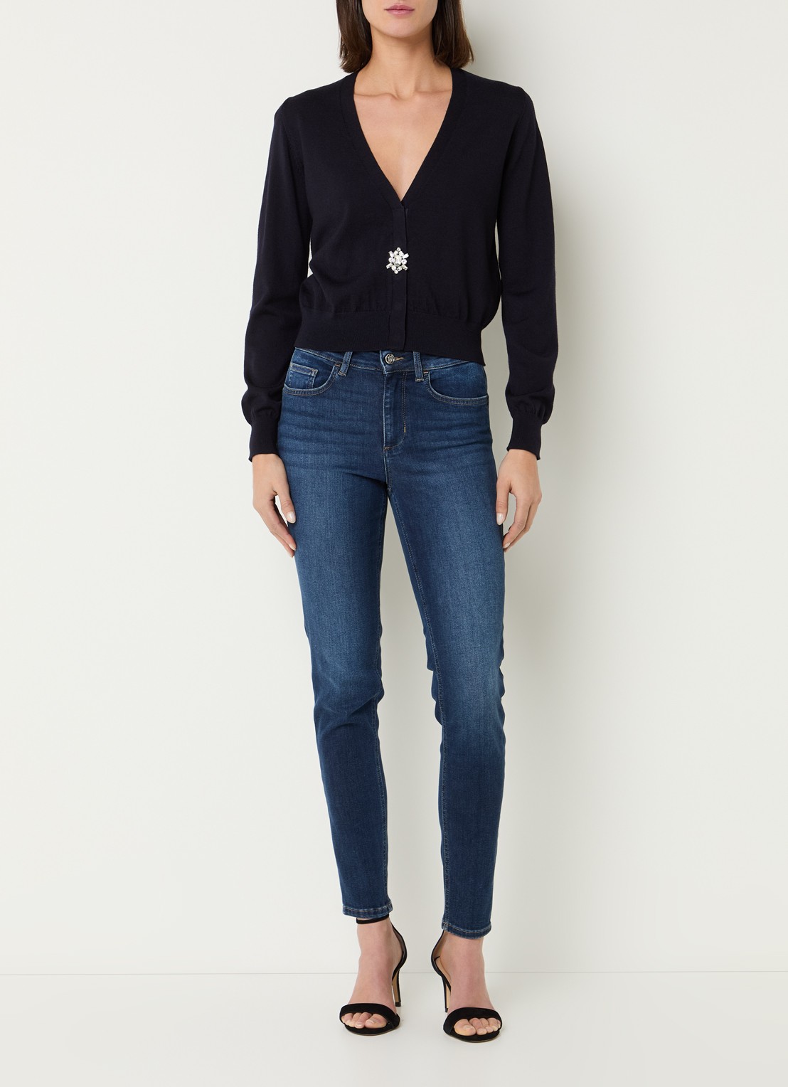 Liu Jo Fijngebreid vest van wol met strass - voorkant 3 donkerblauw