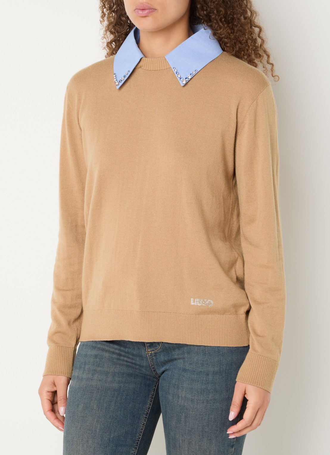 Liu Jo Fijngebreide pullover in wolblend met kraag - detail camel