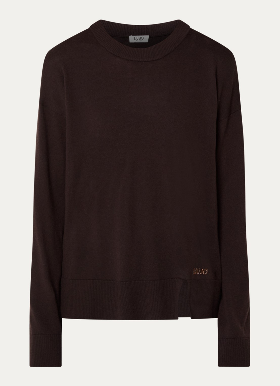 Liu Jo Fijngebreide pullover in wolblend met ronde hals - voorkant donkerbruin