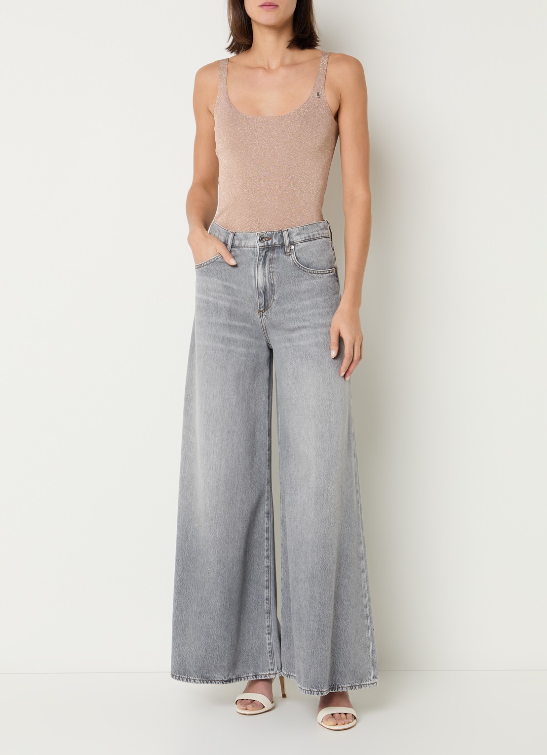 Liu Jo Fijngebreide tanktop met lurex - voorkant 3 donkerbeige