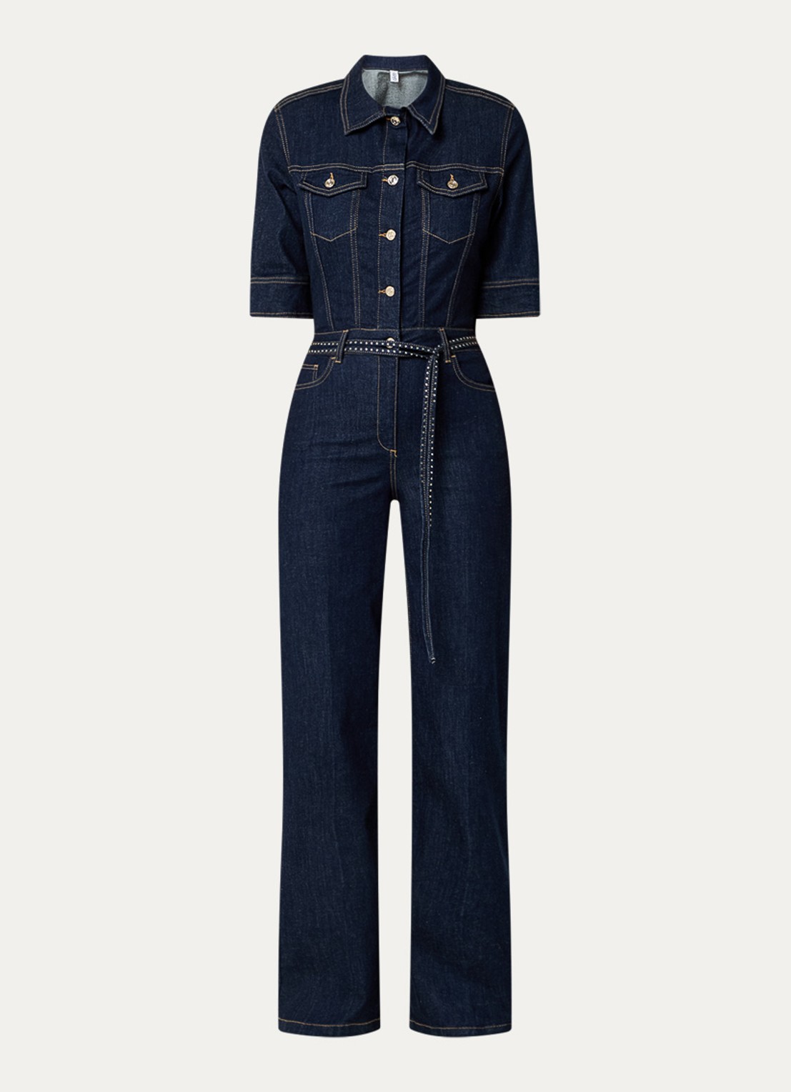 Liu Jo Flared fit jumpsuit van denim met strass - voorkant indigo