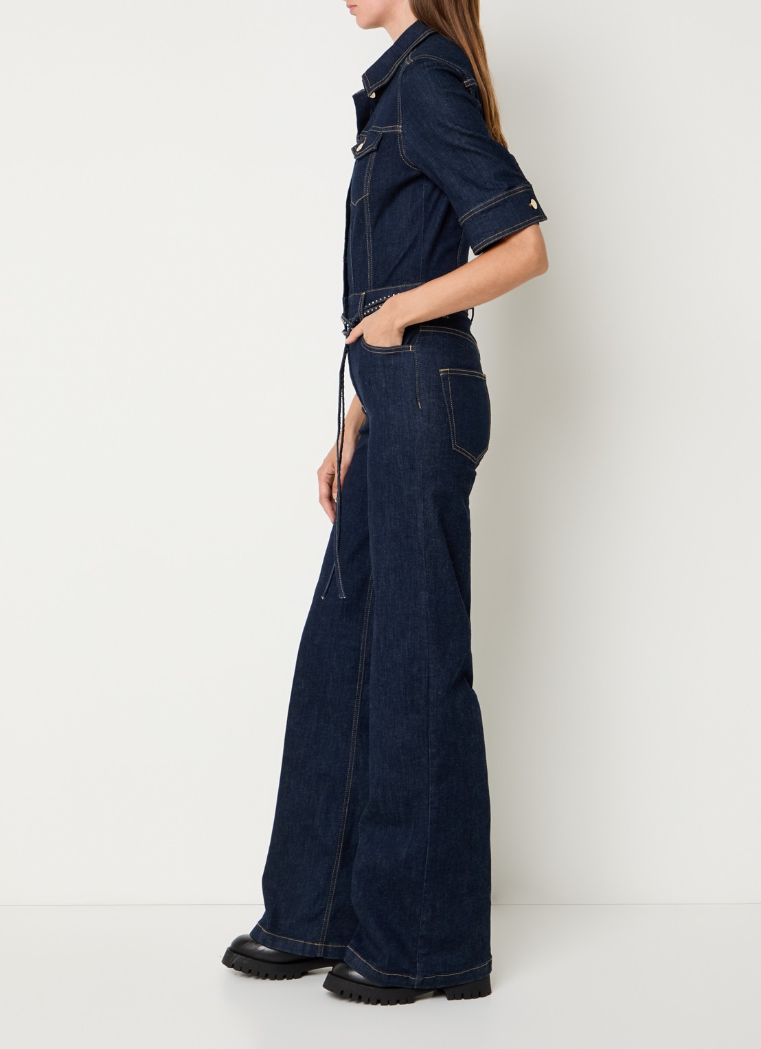 Liu Jo Flared fit jumpsuit van denim met strass - voorkant 2 indigo