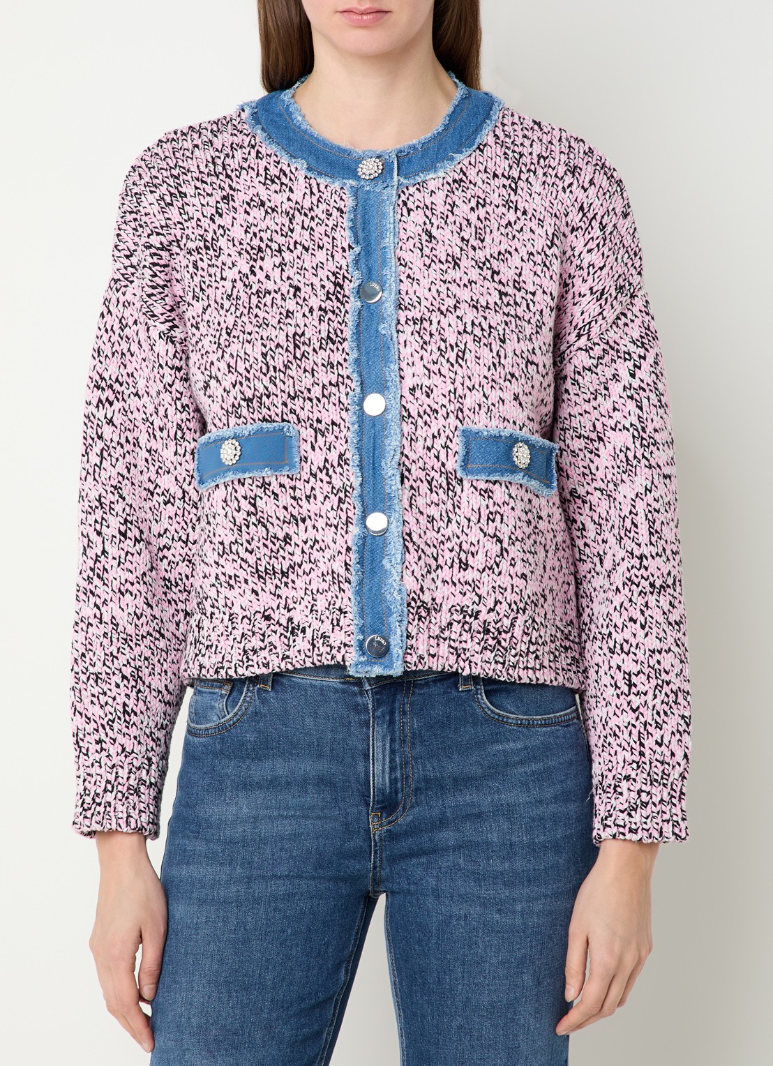 Liu Jo Grofgebreid vest met details van denim - detail roze