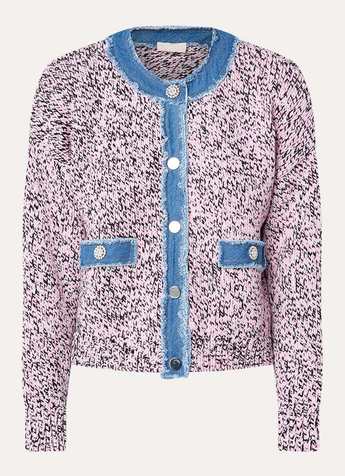 Liu Jo Grofgebreid vest met details van denim - voorkant 2 roze