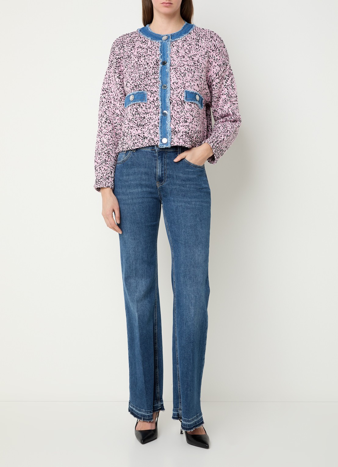 Liu Jo Grofgebreid vest met details van denim - voorkant 3 roze