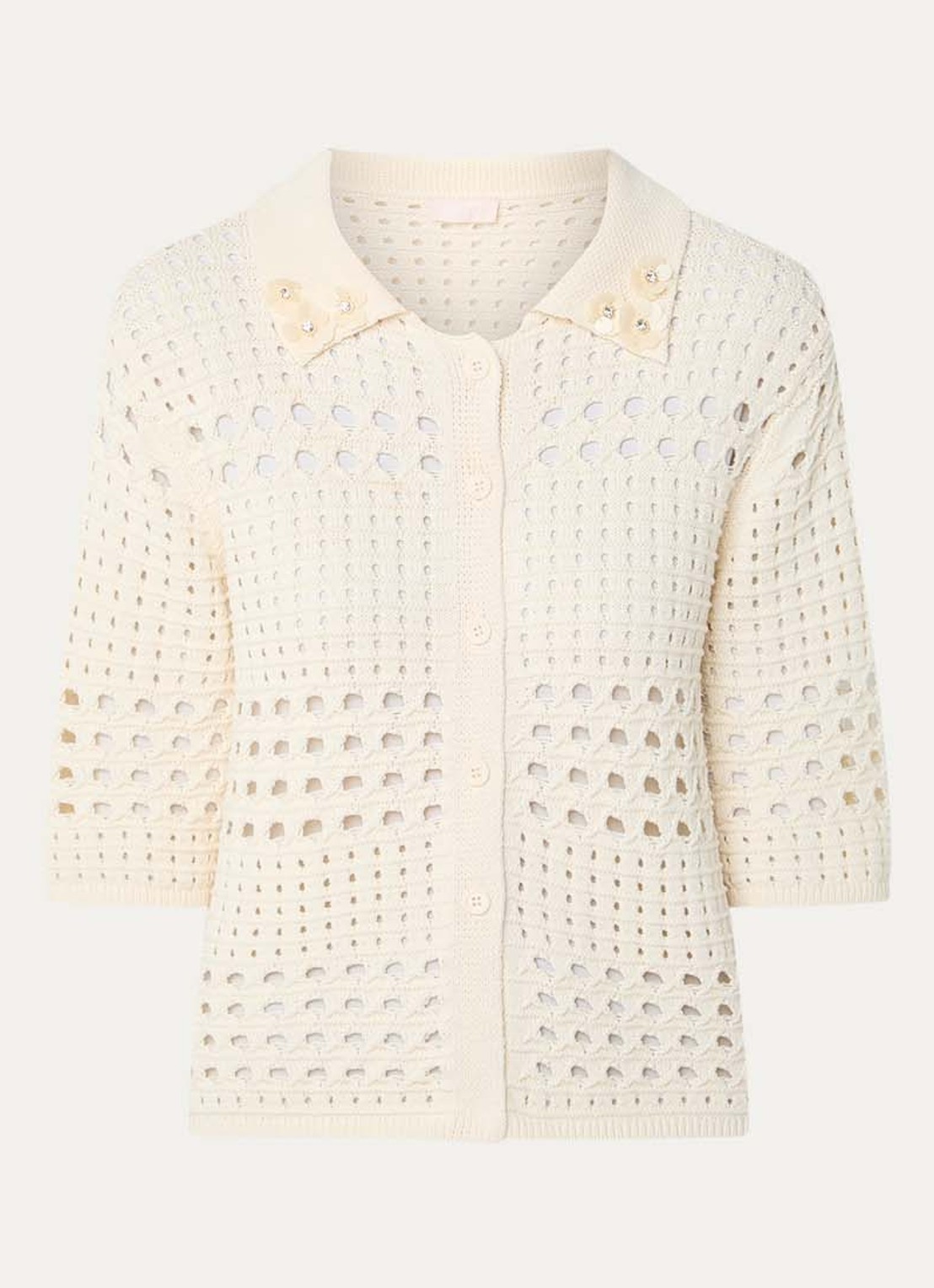 Liu Jo Grofgebreid vest met opengewerkt dessin en pailletten - voorkant 3 creme