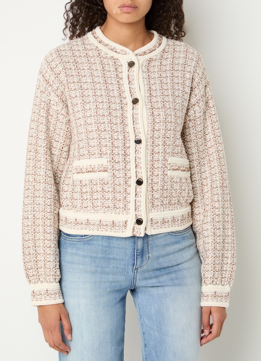 Liu Jo Grofgebreid vest met tweed-look en strass - detail beige