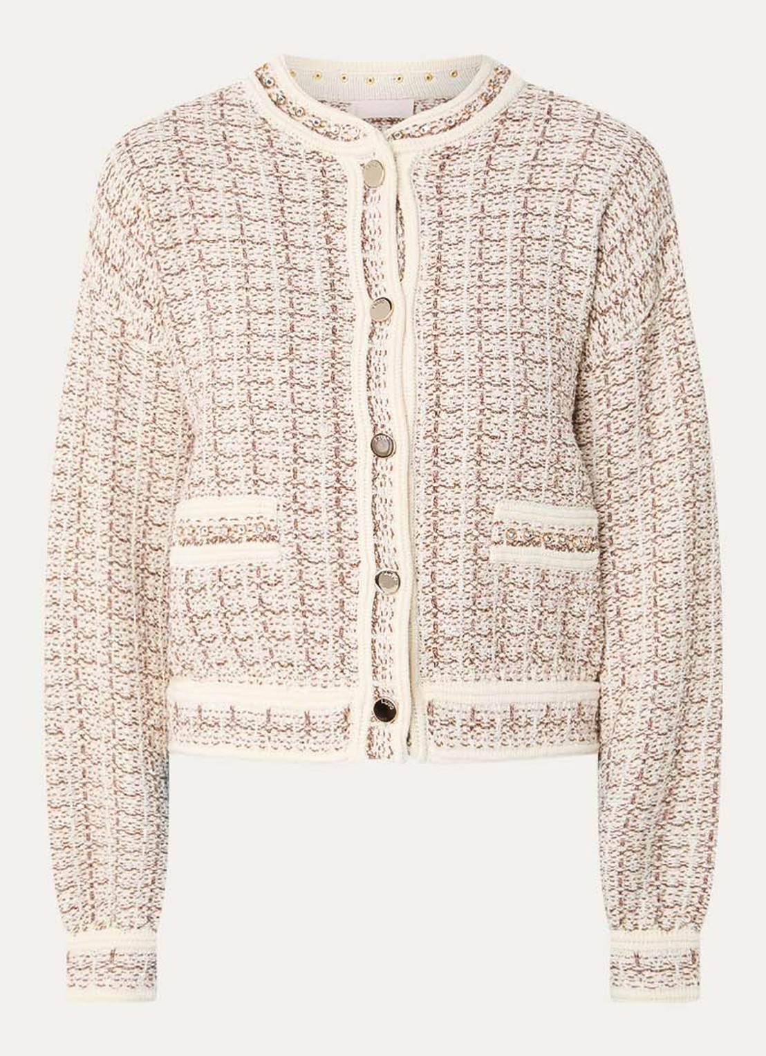 Liu Jo Grofgebreid vest met tweed-look en strass - voorkant 3 beige