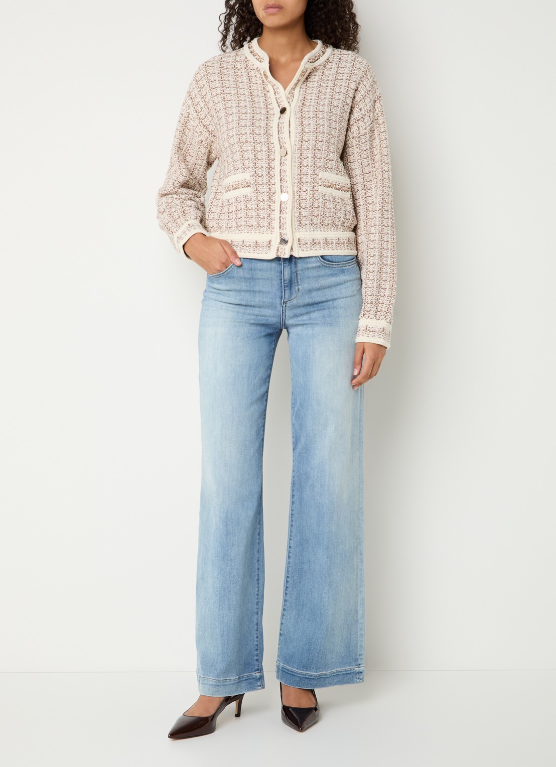 Liu Jo Grofgebreid vest met tweed-look en strass - voorkant 4 beige
