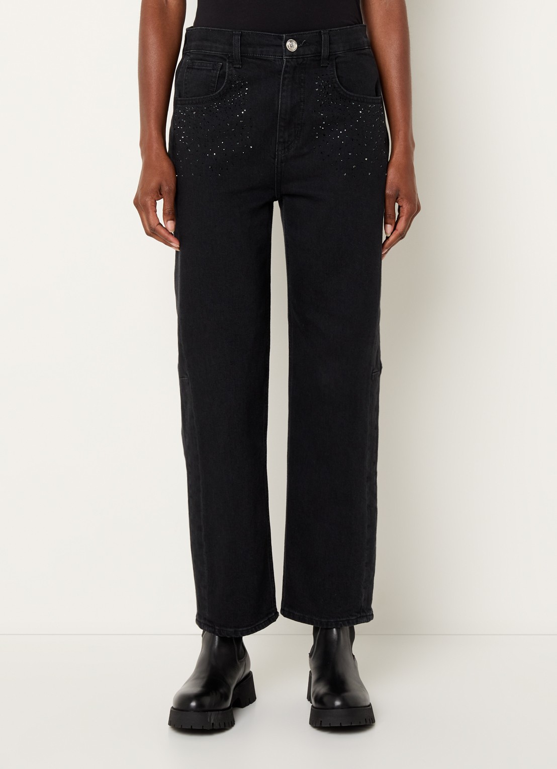 Liu Jo High waist cropped loose fit jeans met strass - detail 3 zwart