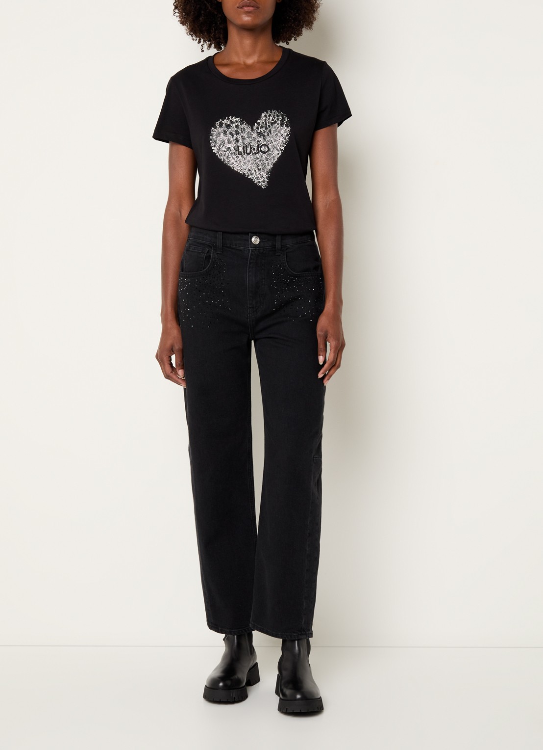 Liu Jo High waist cropped loose fit jeans met strass - voorkant 2 zwart