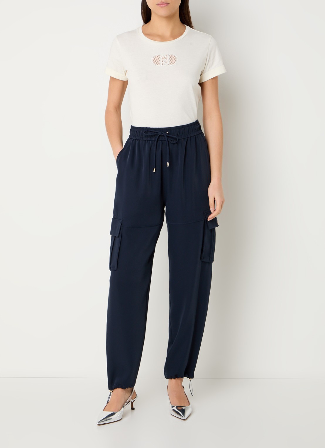 Liu Jo High waist loose fit cargobroek met klepzakken - voorkant 4 donkerblauw