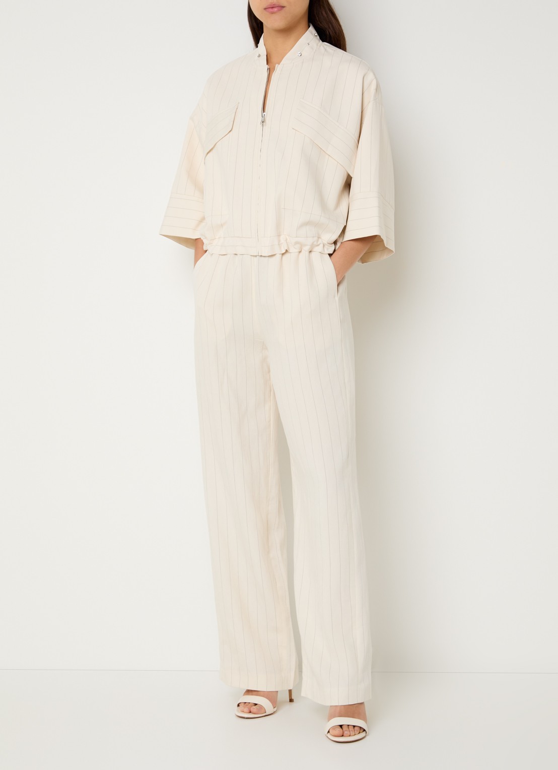 Liu Jo High waist loose fit pantalon met streepprint en steekzakken  - voorkant 2 creme