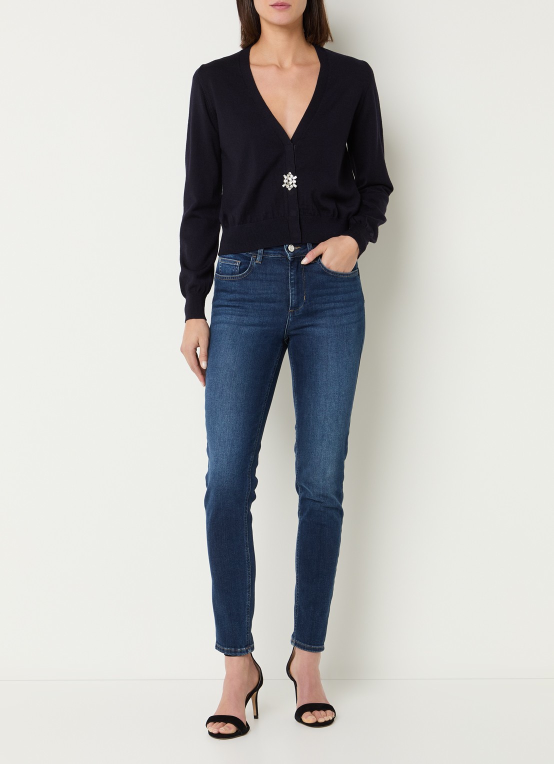 Liu Jo High waist skinny jeans met donkere wassing en strass - voorkant 3 indigo