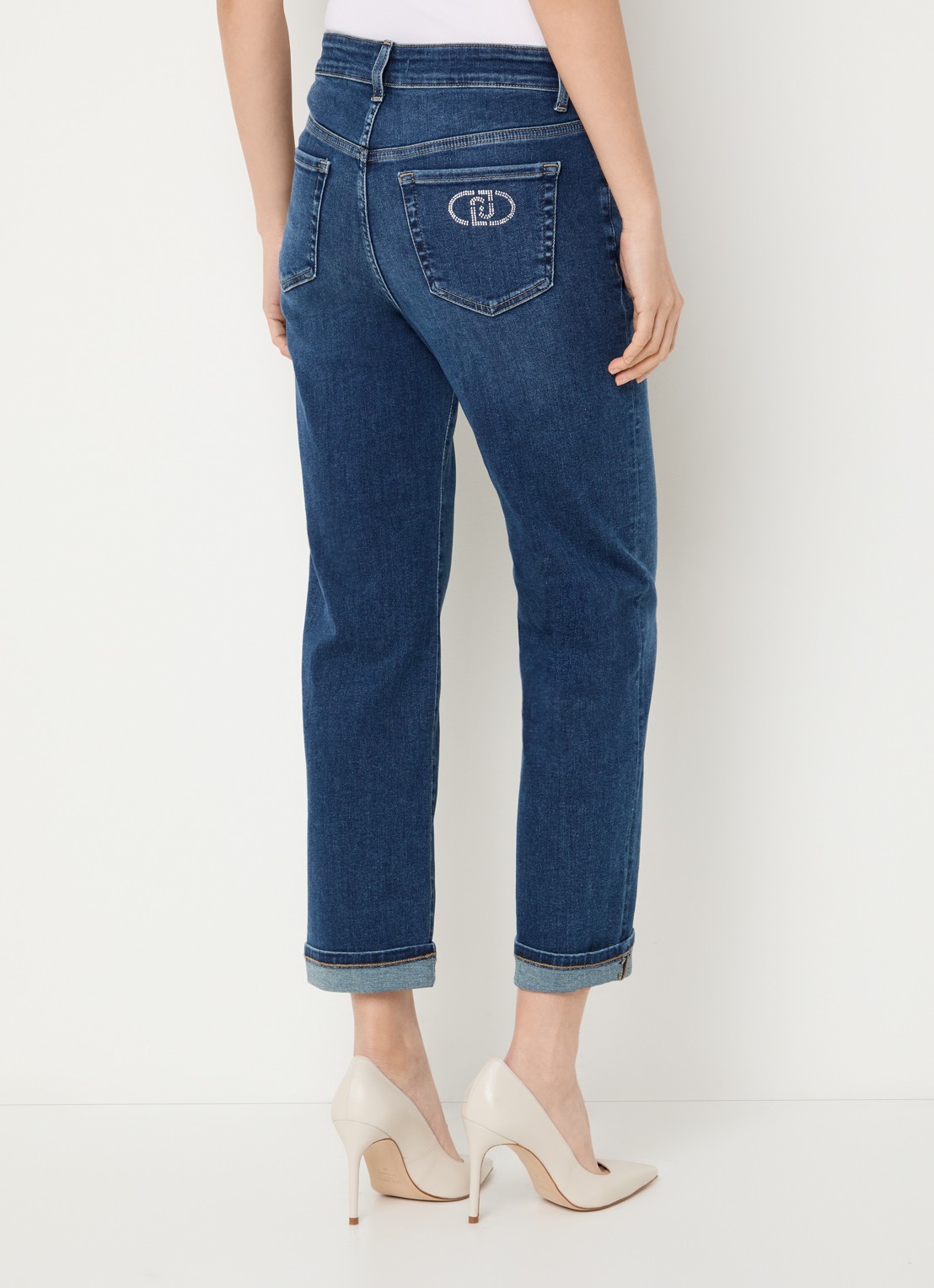 Liu Jo High waist straight fit jeans met donkere wassing en strass - achterkant 3 indigo