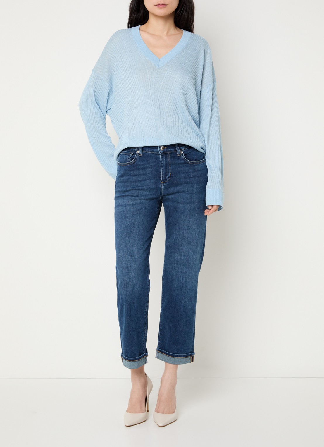 Liu Jo High waist straight fit jeans met donkere wassing en strass - voorkant 5 indigo