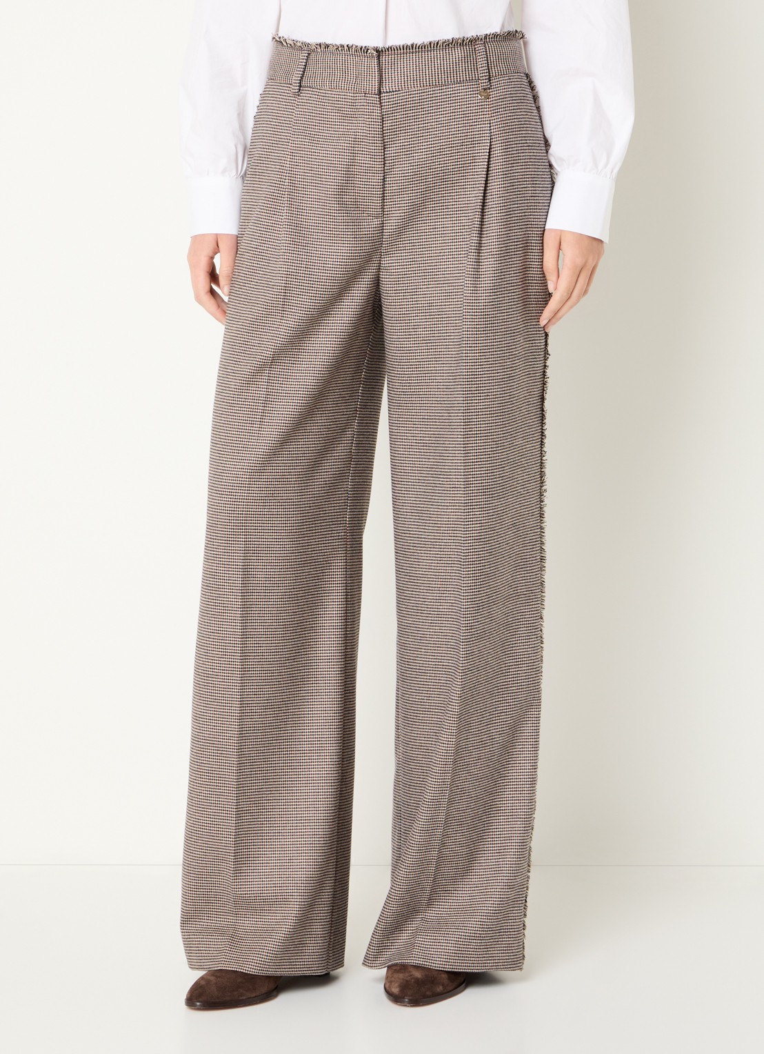 Liu Jo High waist straight fit pantalon met pied-de-poule dessin - detail beige