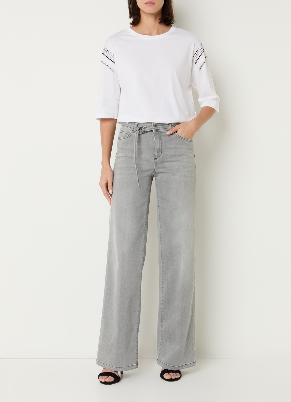 Liu Jo High waist straight leg jeans met gekleurde wassing en ceintuur - voorkant 5 lichtgrijs