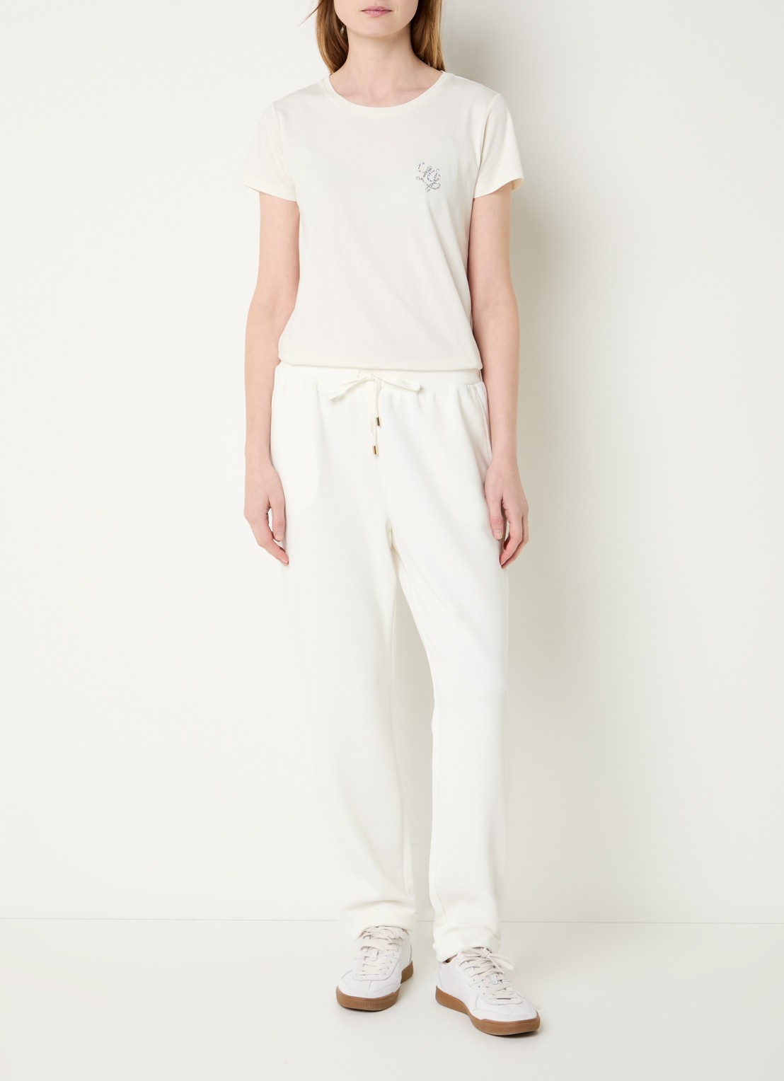 Liu Jo High waist tapered fit broek met logo en strass - voorkant 2 gebroken wit