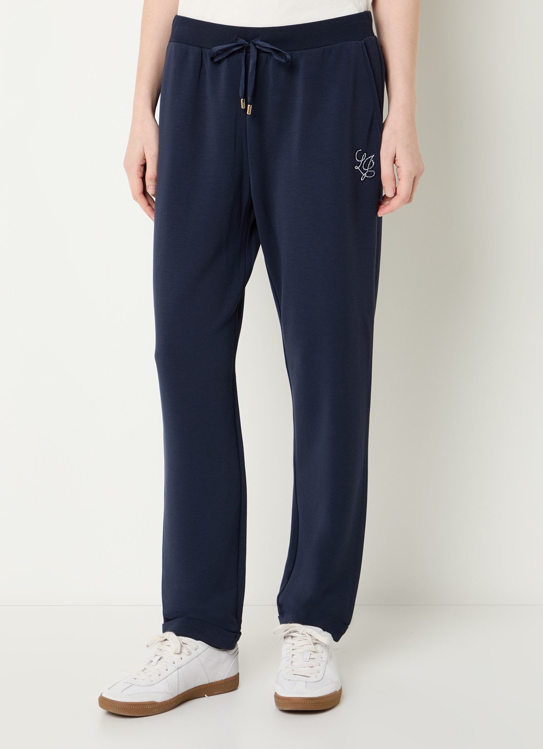 Liu Jo High waist tapered fit broek met logo en strass - detail 4 donkerblauw