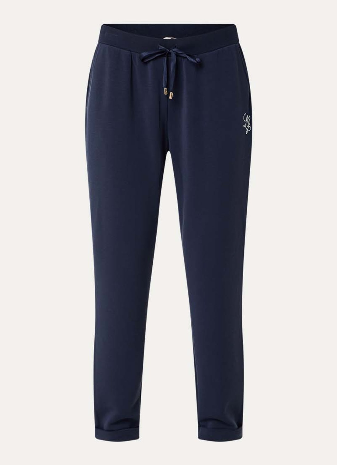 Liu Jo High waist tapered fit broek met logo en strass - voorkant donkerblauw