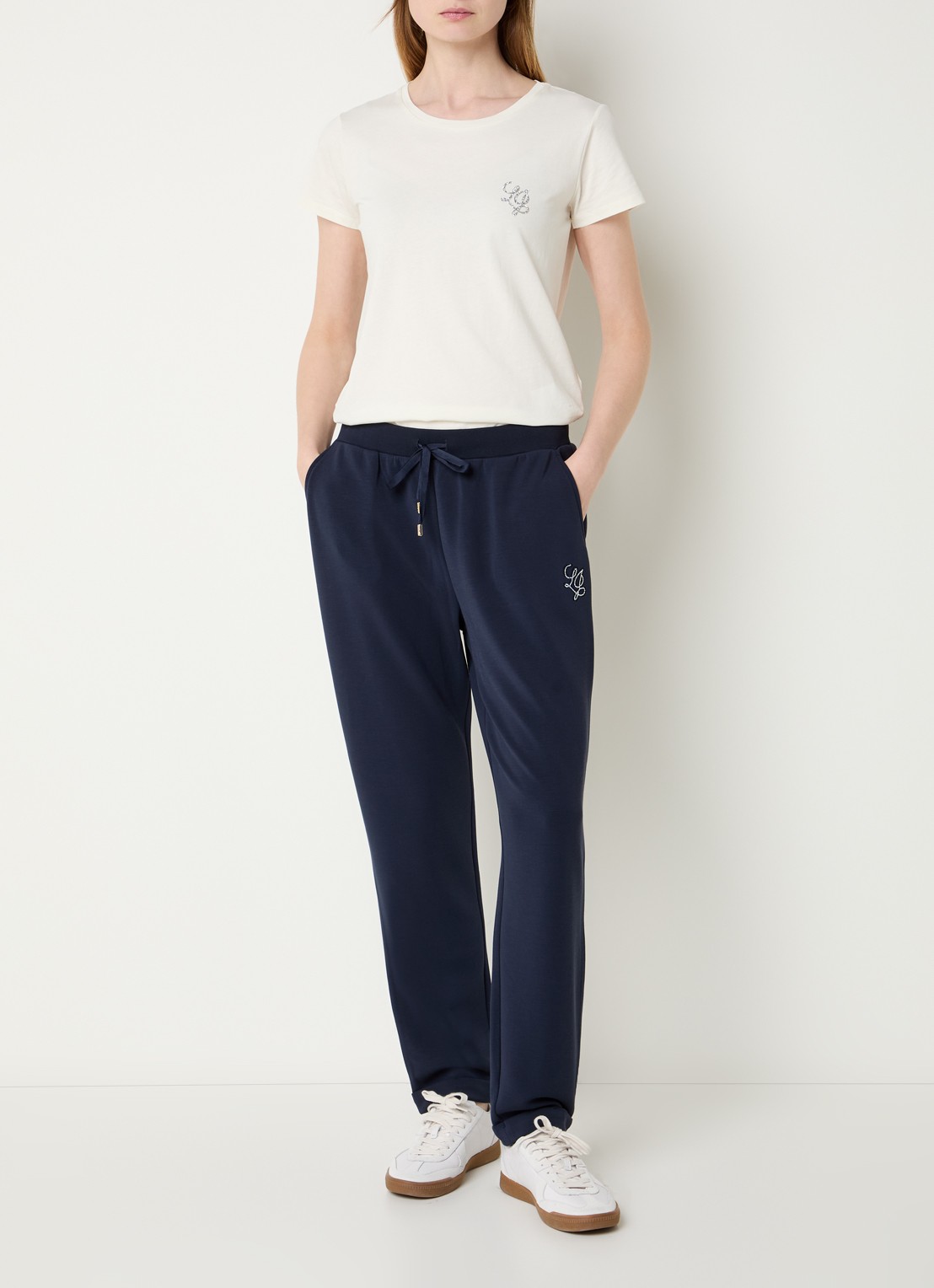 Liu Jo High waist tapered fit broek met logo en strass - voorkant 2 donkerblauw