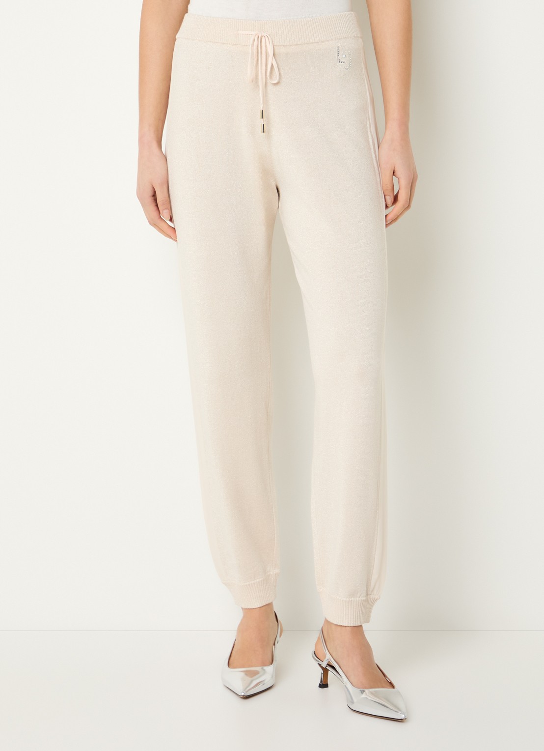Liu Jo High waist tapered fit joggingbroek met lurex en trekkoord - detail beige