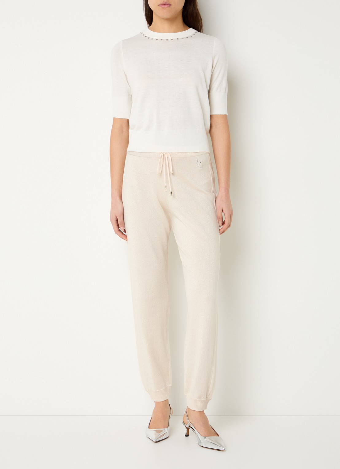 Liu Jo High waist tapered fit joggingbroek met lurex en trekkoord - voorkant 4 beige
