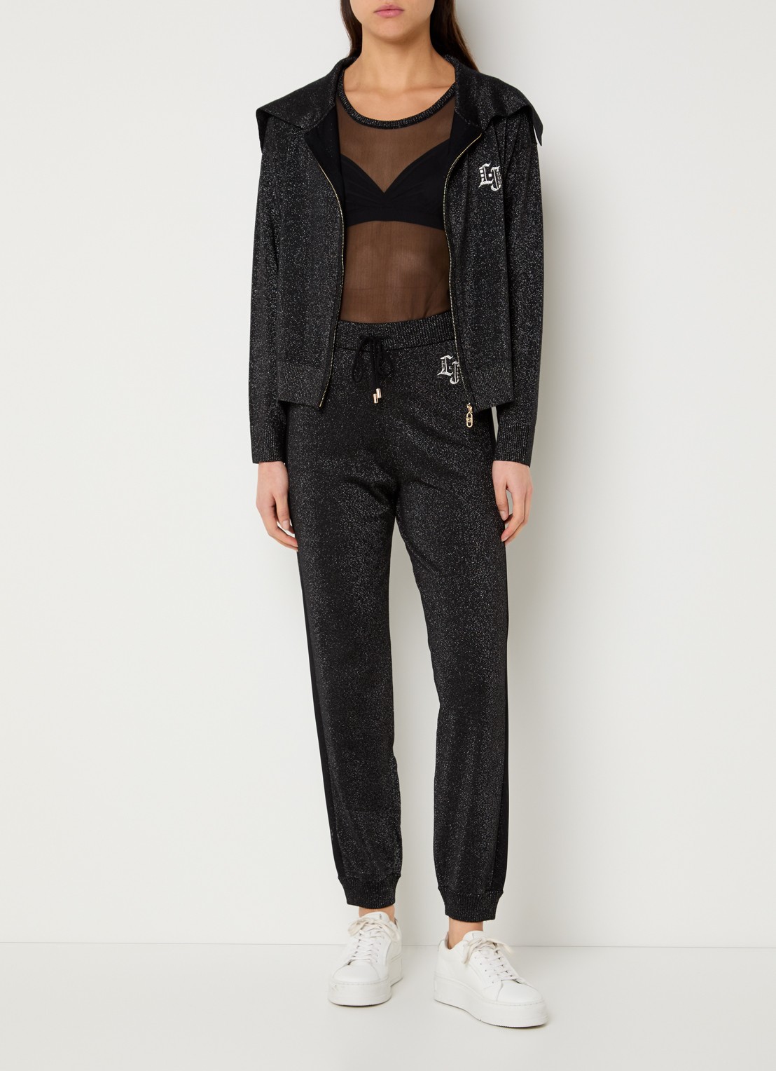 Liu Jo High waist tapered fit joggingbroek met lurex en trekkoord - voorkant 2 zwart