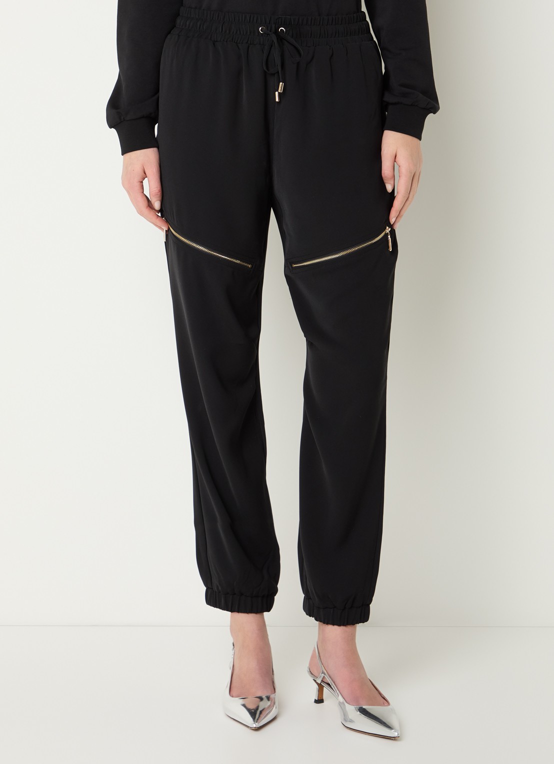 Liu Jo High waist tapered fit trackpants met elastische band en ritszakken - detail zwart