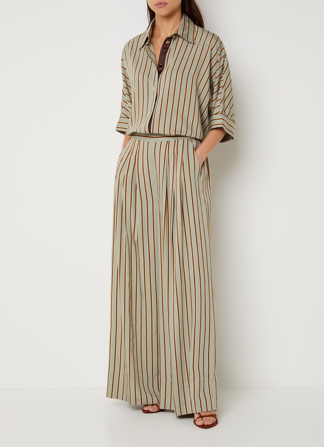 Liu Jo High waist wide fit palazzobroek met streepprint en steekzakken - voorkant 2 lindegroen