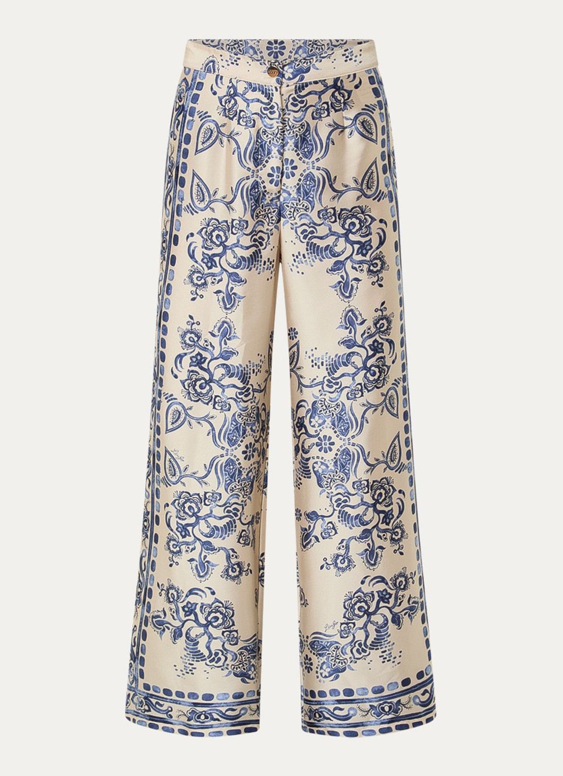 Liu Jo High waist wide fit palazzobroek van satijn met bloemenprint - voorkant beige