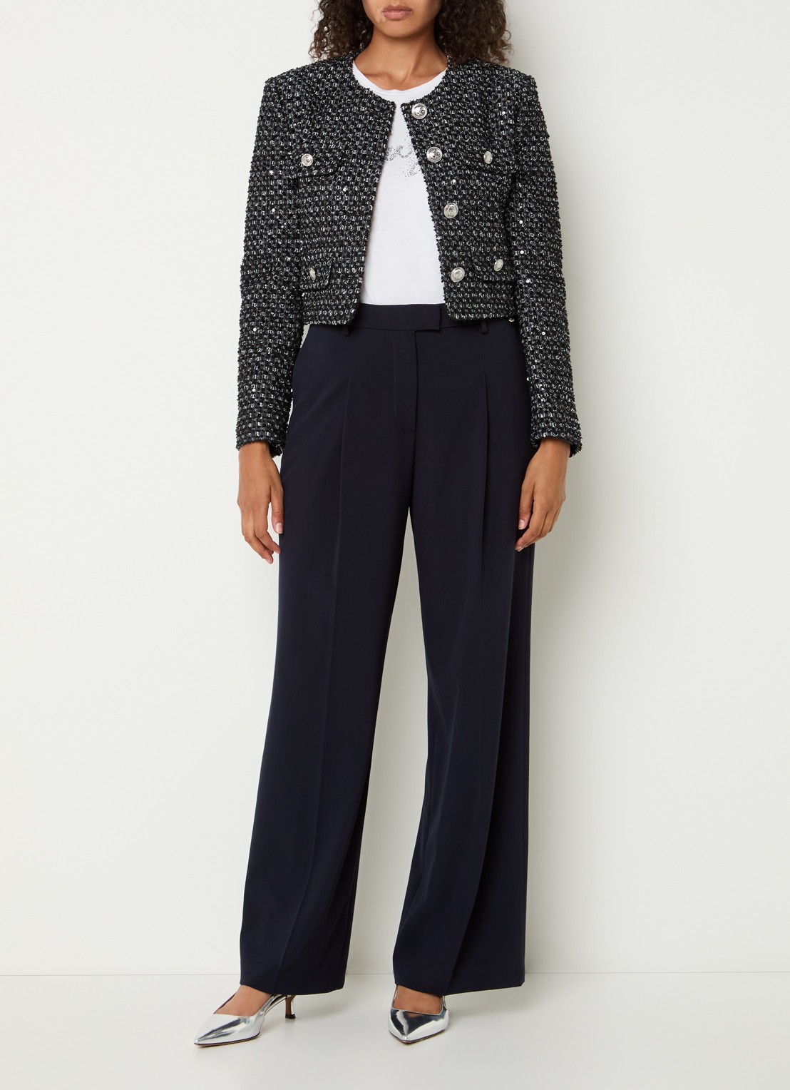Liu Jo High waist wide fit pantalon met plooidetail - voorkant 4 donkerblauw