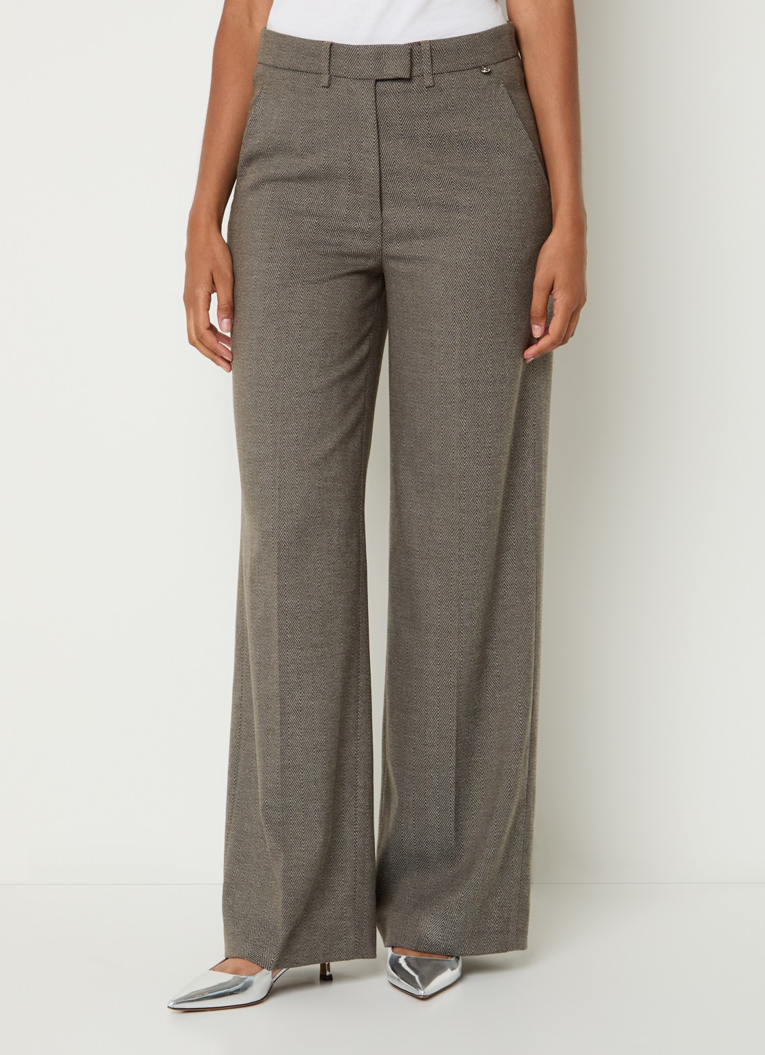 Liu Jo High waist wide fit pantalon met visgraatdessin - detail 4 bruin