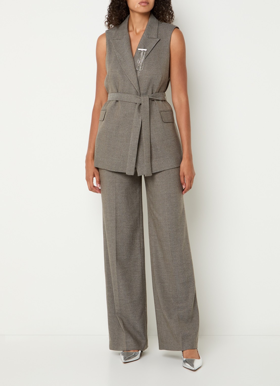 Liu Jo High waist wide fit pantalon met visgraatdessin - voorkant 3 bruin