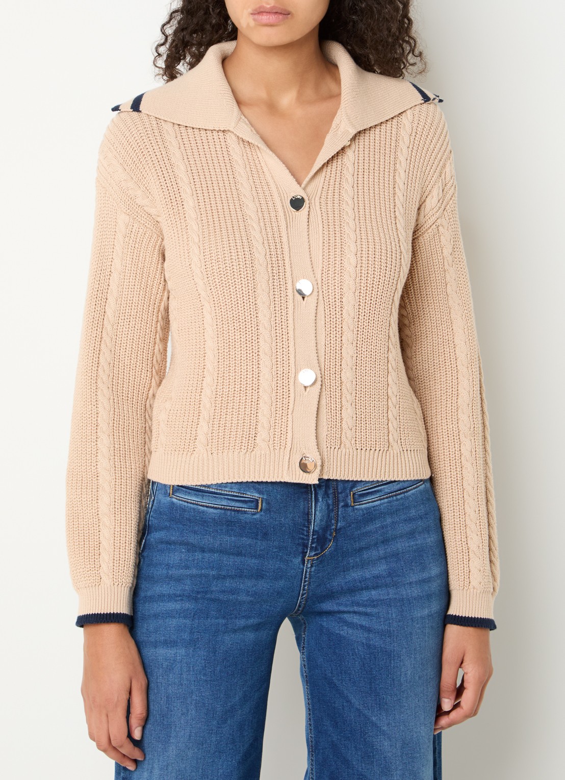Liu Jo Kabelgebreid vest met V-hals - detail 2 camel