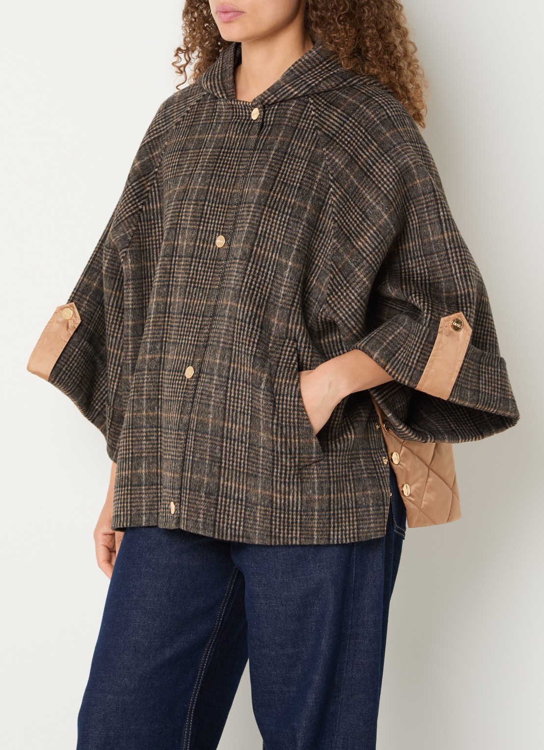 Liu Jo Mantel in wolblend met pied-de-poule dessin - detail camel