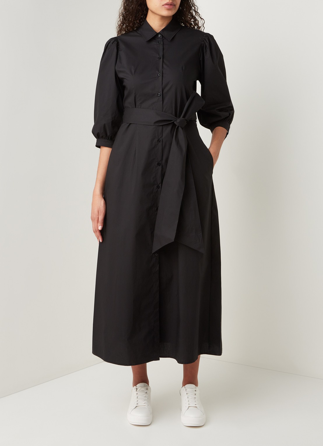 Liu Jo Maxi blousejurk met pofmouw en strikceintuur - voorkant 4 zwart