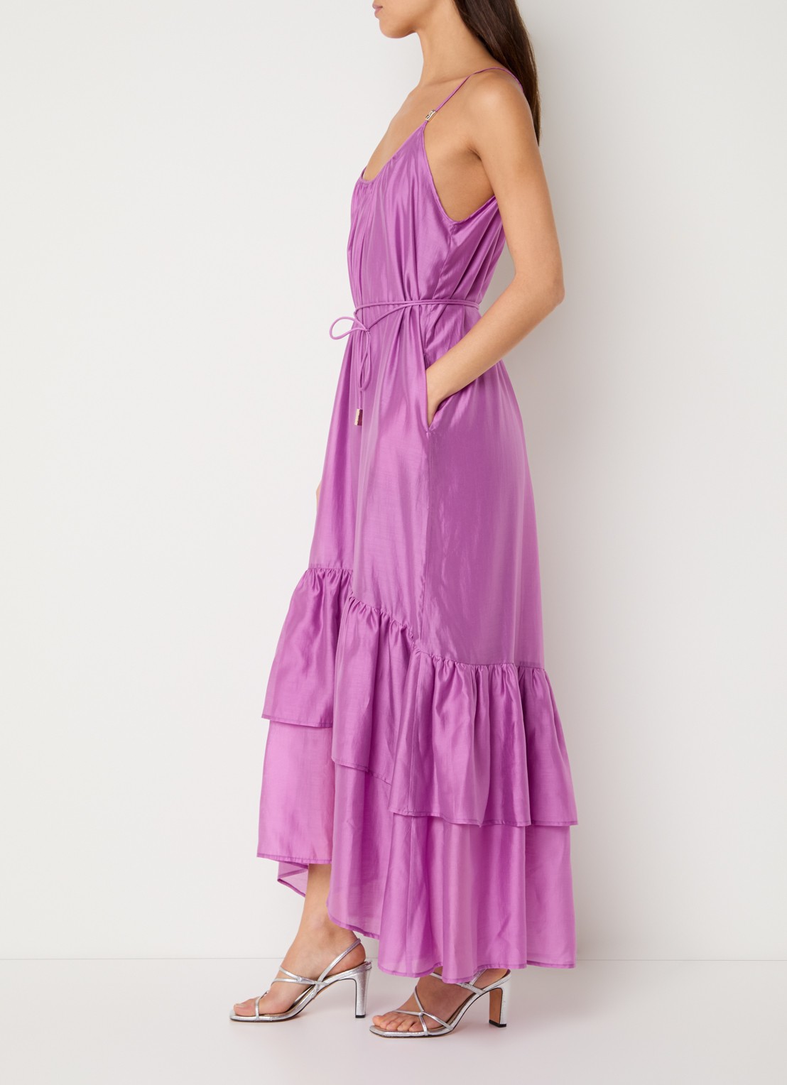 Liu Jo Maxi jurk  met strikceintuur en volant - voorkant 4 roze