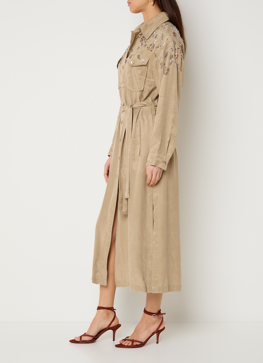 Liu Jo Midi blousejurk  met strass en borstzakken - voorkant 2 zand