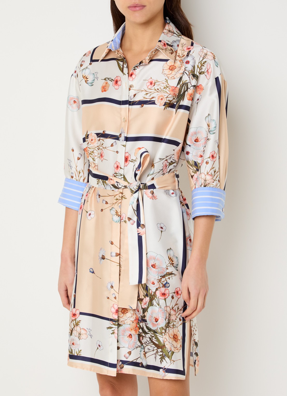 Liu Jo Mini blousejurk van satijn met print en strikceintuur - detail beige