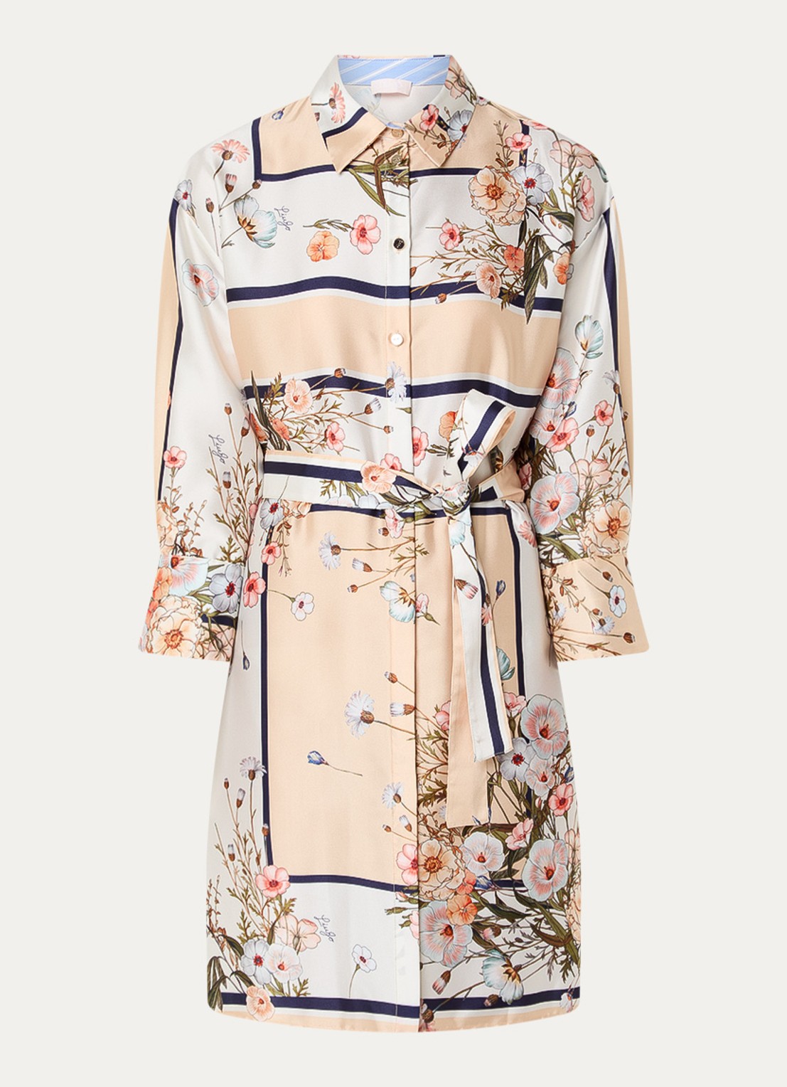 Liu Jo Mini blousejurk van satijn met print en strikceintuur - voorkant 2 beige