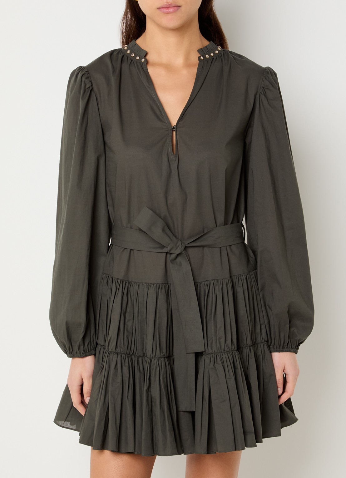 Liu Jo Mini jurk met strikceintuur en pofmouw - detail olijfgroen
