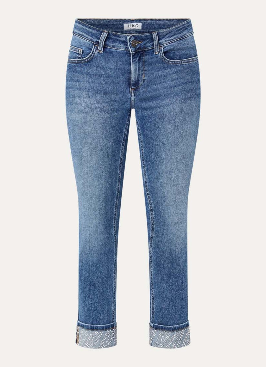 Liu Jo Monroe mid waist cropped slim fit jeans met strass - voorkant 3 indigo