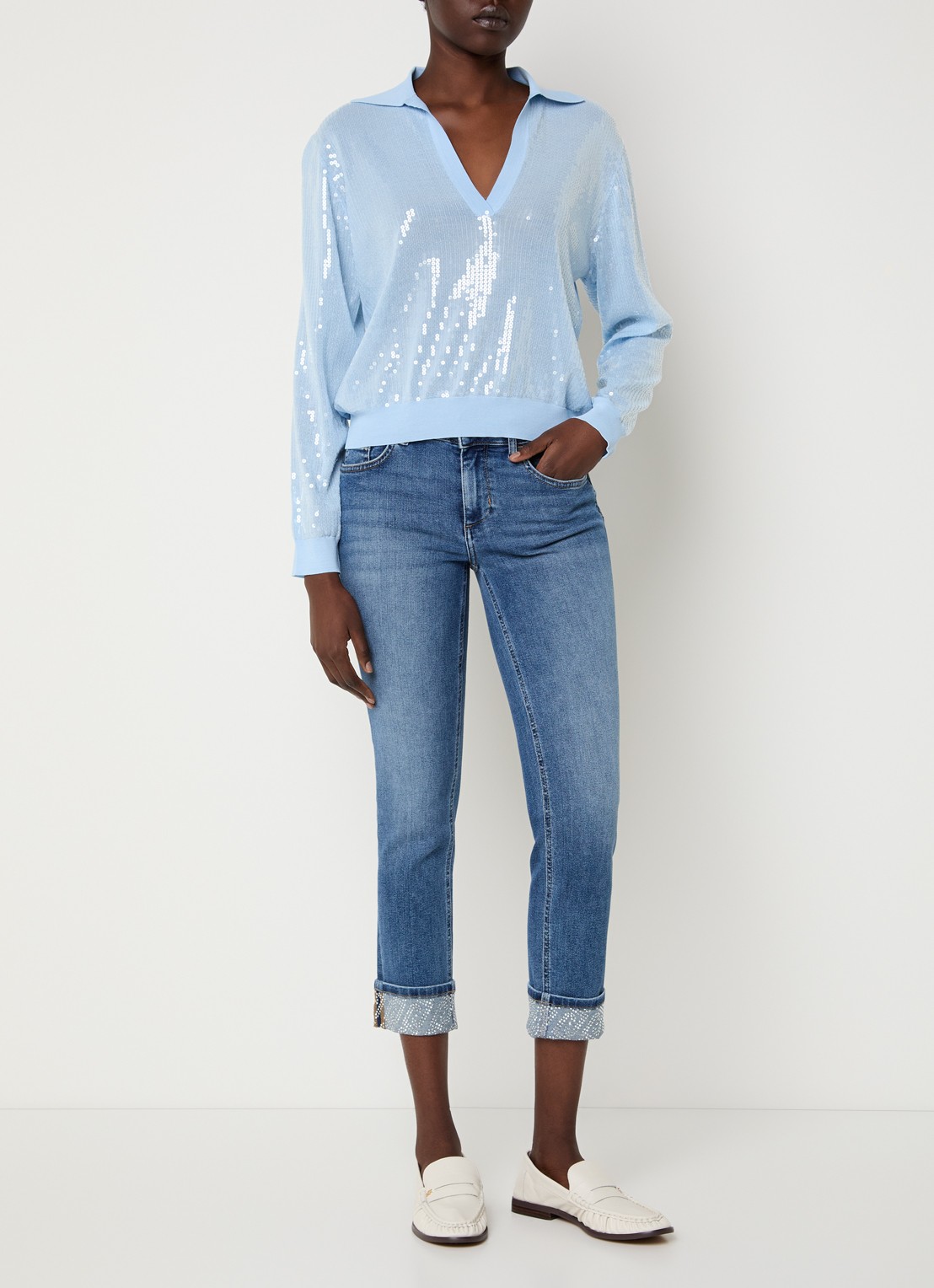 Liu Jo Monroe mid waist cropped slim fit jeans met strass - voorkant 4 indigo
