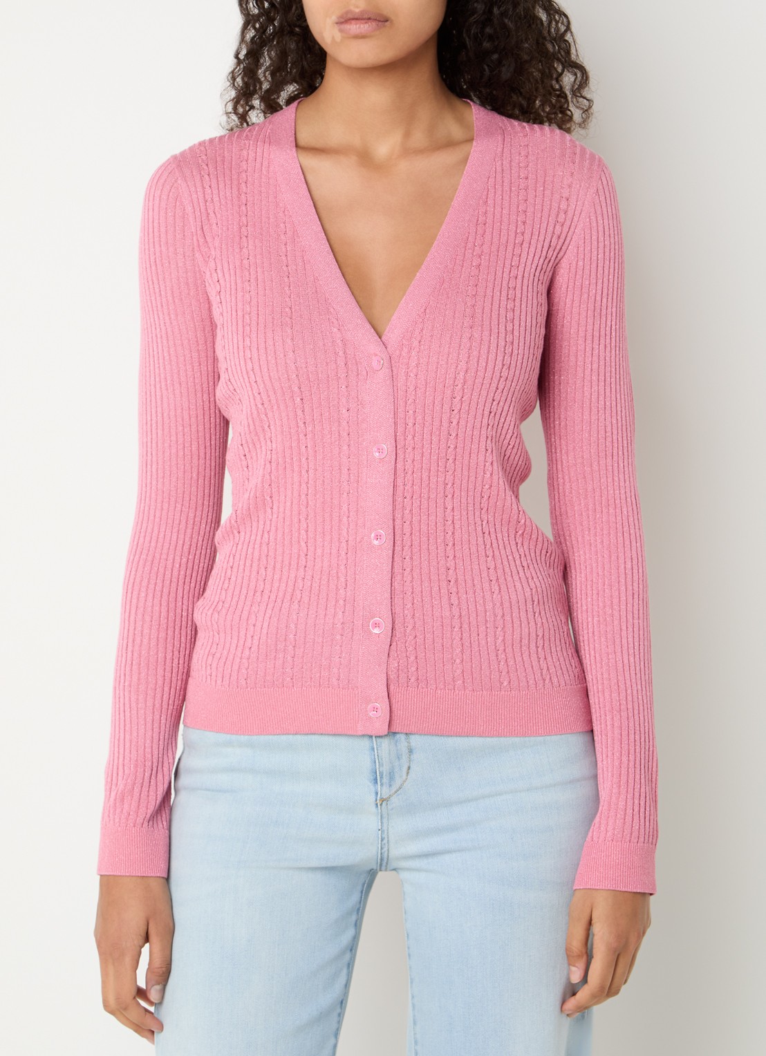 Liu Jo Ribgebreid vest met lurex en V-hals - detail 3 koraalroze
