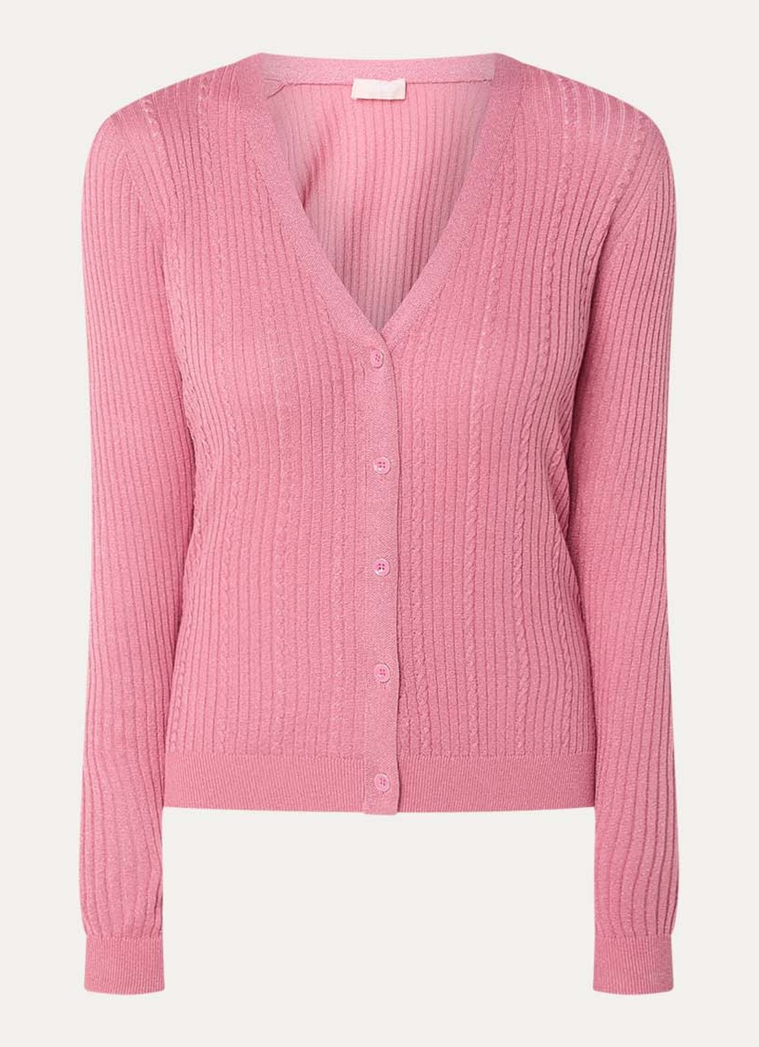 Liu Jo Ribgebreid vest met lurex en V-hals - voorkant koraalroze