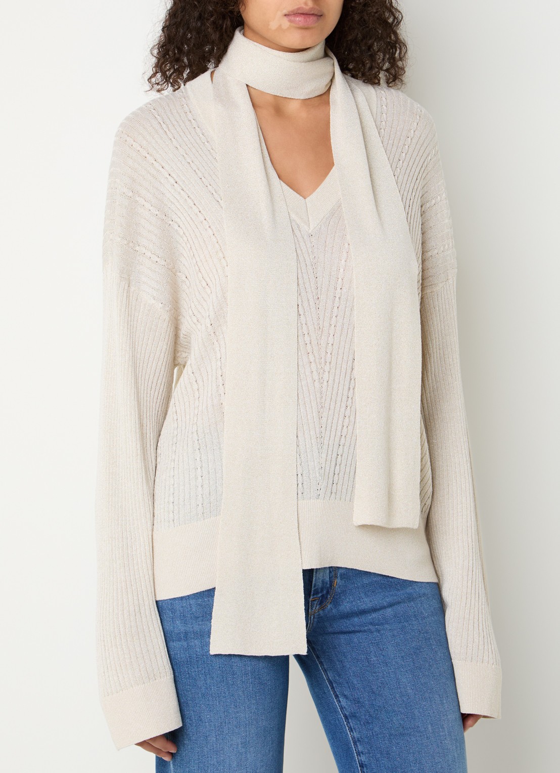 Liu Jo Ribgebreide pullover met sjaalkraag en lurex - detail 4 creme