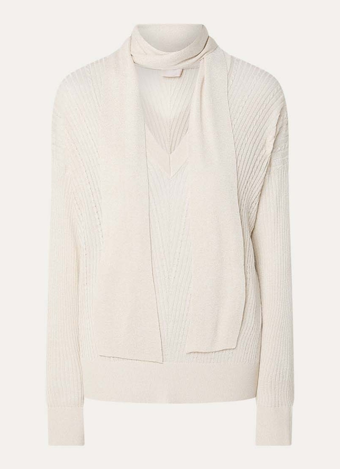 Liu Jo Ribgebreide pullover met sjaalkraag en lurex - voorkant creme