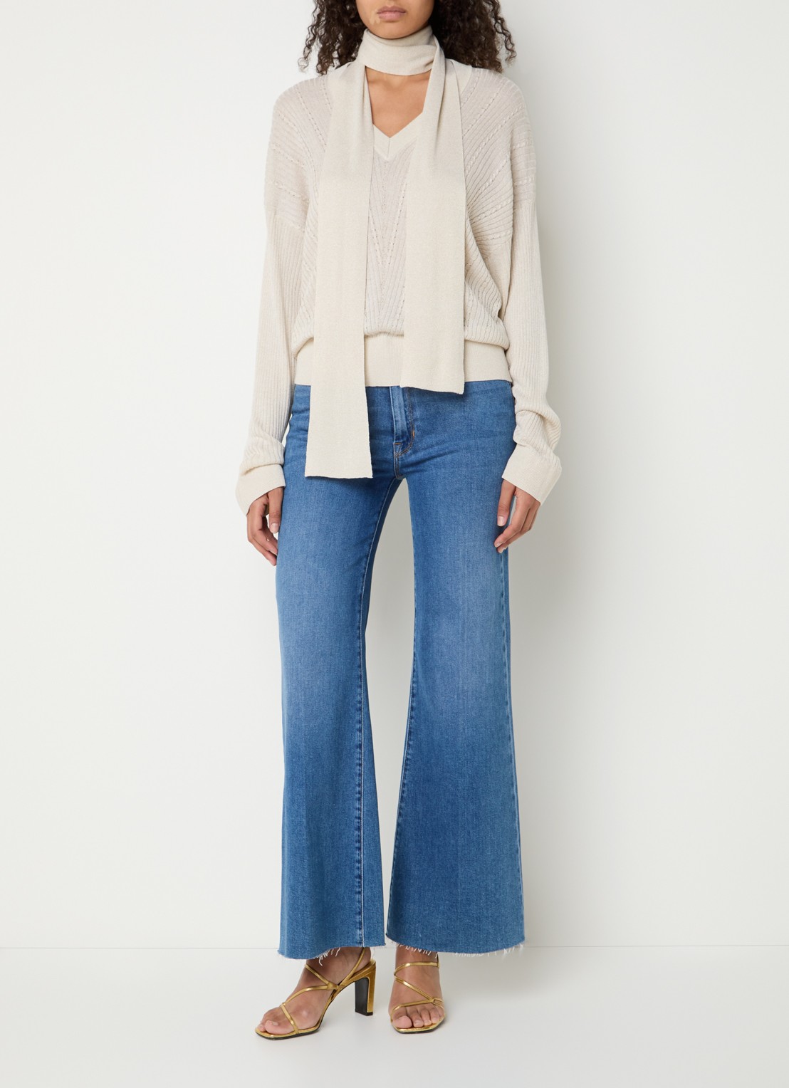 Liu Jo Ribgebreide pullover met sjaalkraag en lurex - voorkant 2 creme
